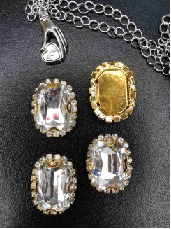 Стразы пришивные в золотой оправе "Прямоугольник" 18*24мм. (серебро)